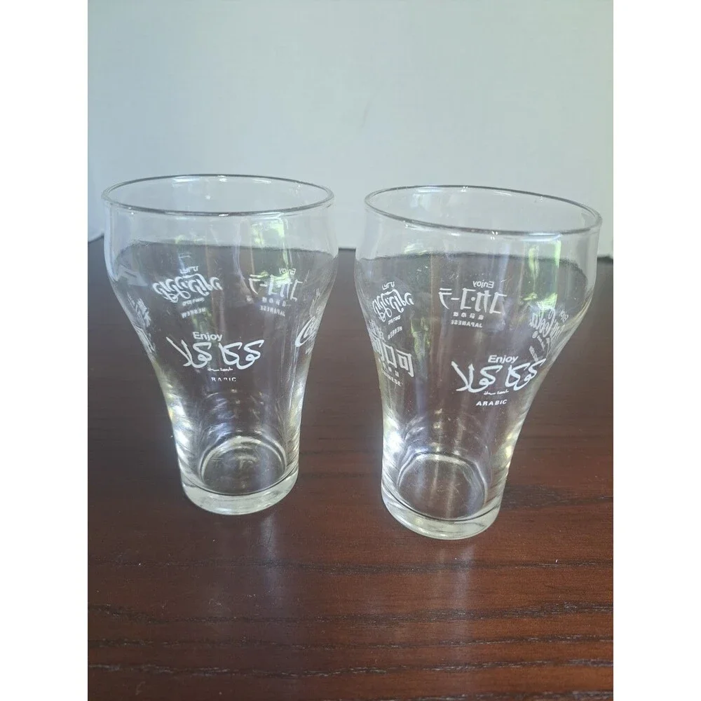 Set Of 2 Bell Shape Coke Glasses With Hebrew, English, Chinese, Japanese And...